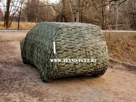 Фото тента на автомобиль Nissan Qashqai камуфляж с 4-мя светоотражающими вставками в районе фар. Цвет Камуфляж ткань Оксфорд 210den.
